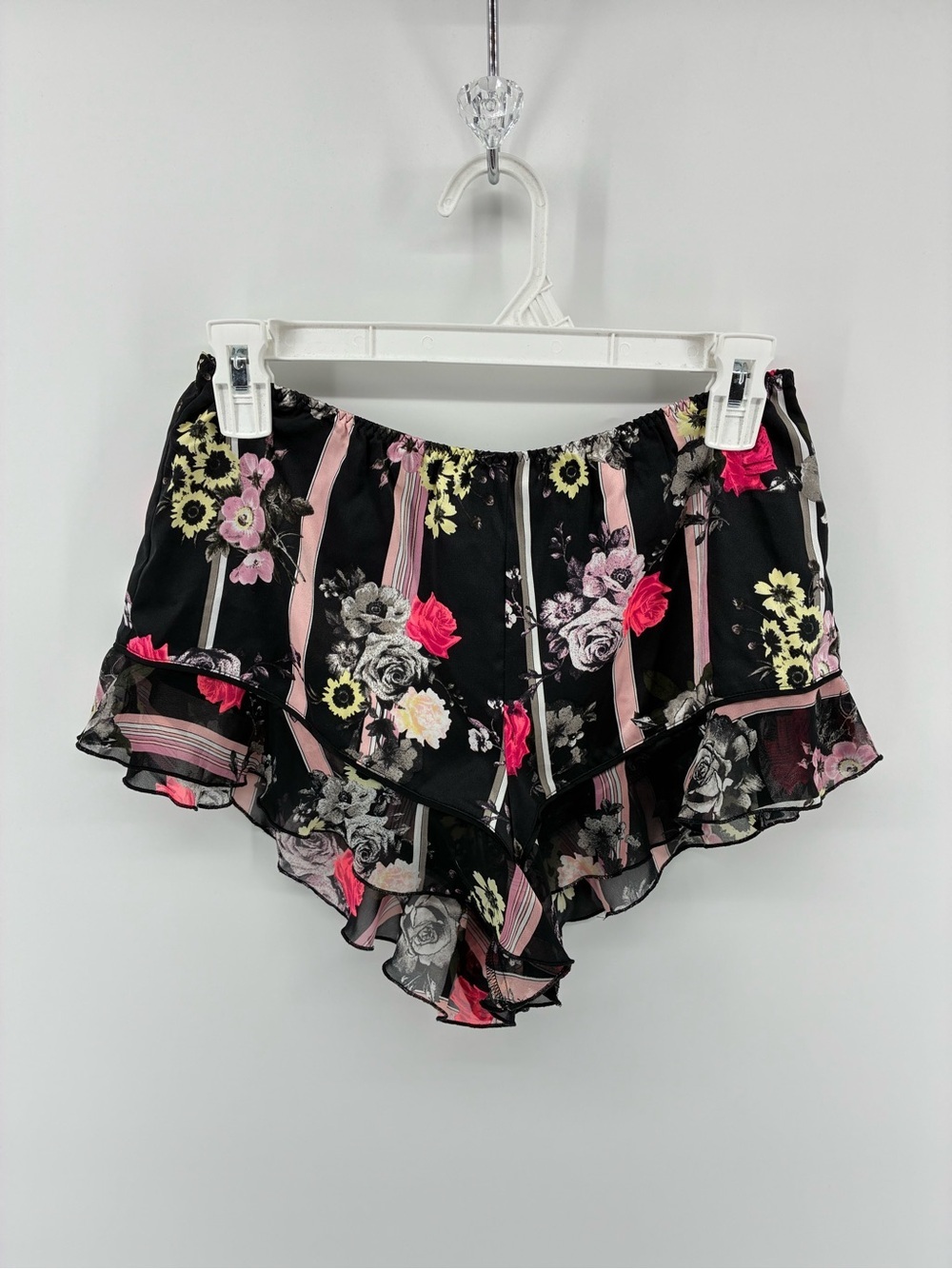 Victoria's Secret Black Satin Floral Ruffle Shorts with Pink Accents